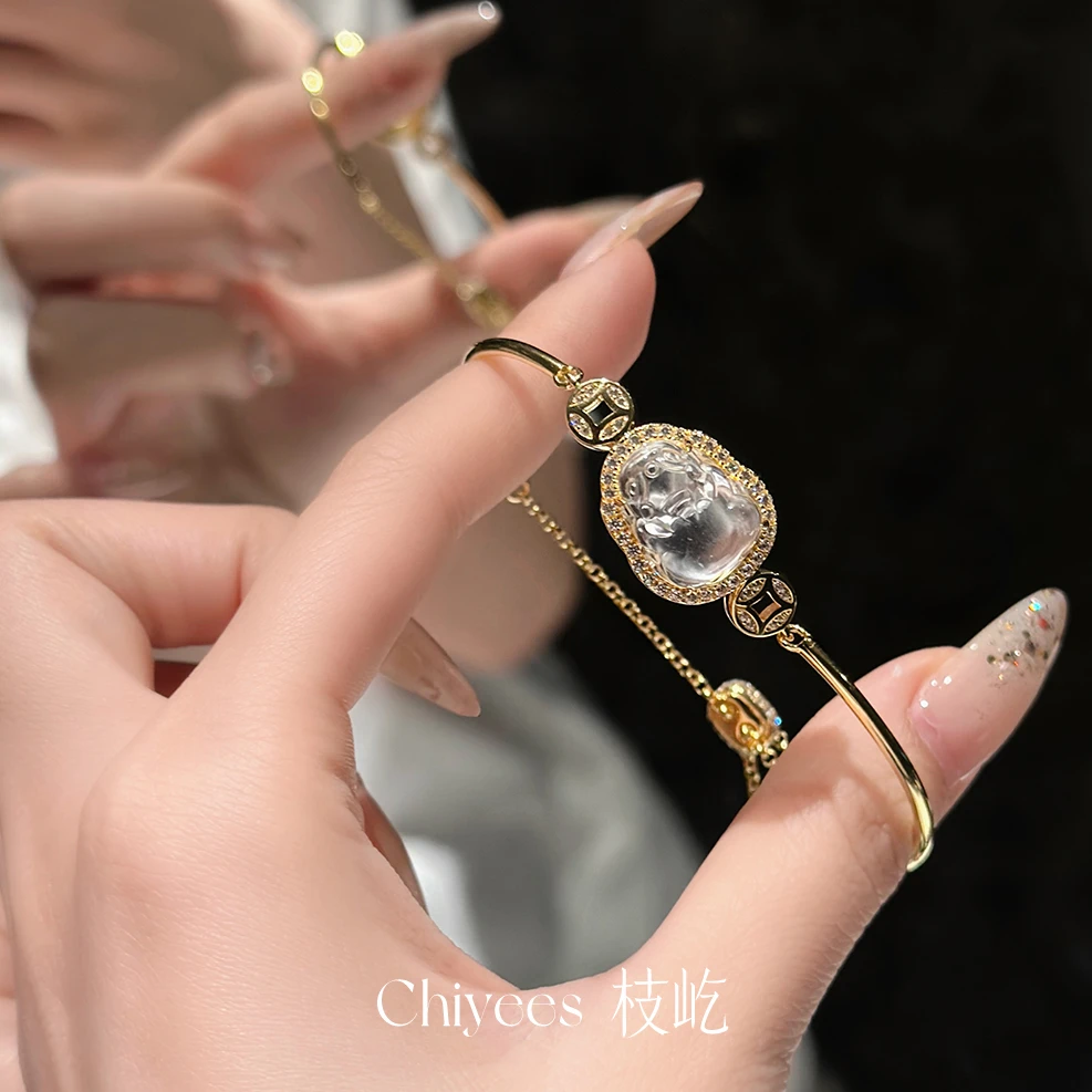 925银合成锆石手镯 【铜钱貔貅】新中式貔貅银手镯手链 精致高级感