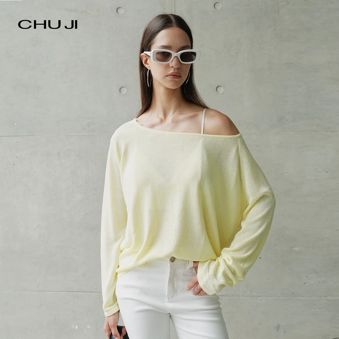 Chuji/出迹夏季小鸡黄薄款蝙蝠袖斜领罩衫微透宽松上衣-E1N006M