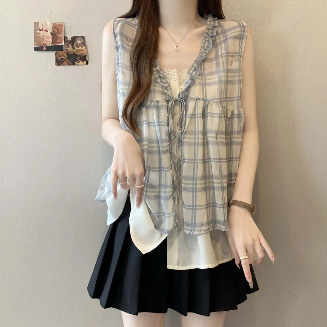 假两件格子木耳边无袖衬衫大码女装胖mm夏季2025新款薄款小衫上衣