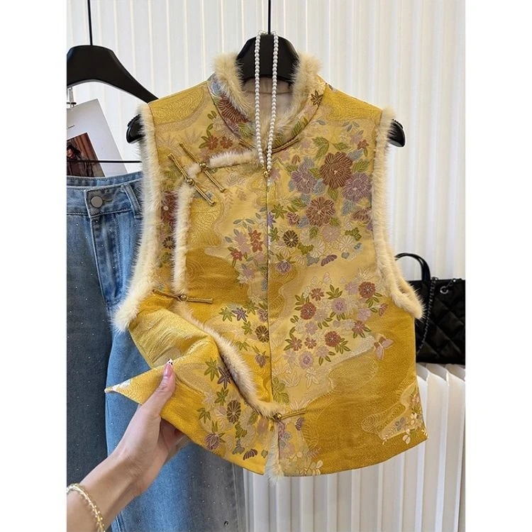 高端复古背心2025年冬黄色无袖国风上衣新中式高级提花立领马甲女