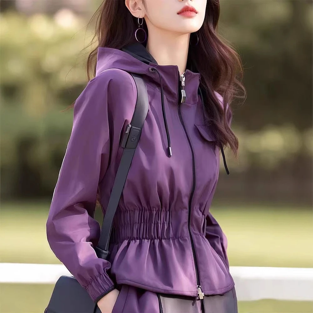 秋季欧货独特超好看的高级感小香风短款休闲紫色冲锋衣连帽外套女