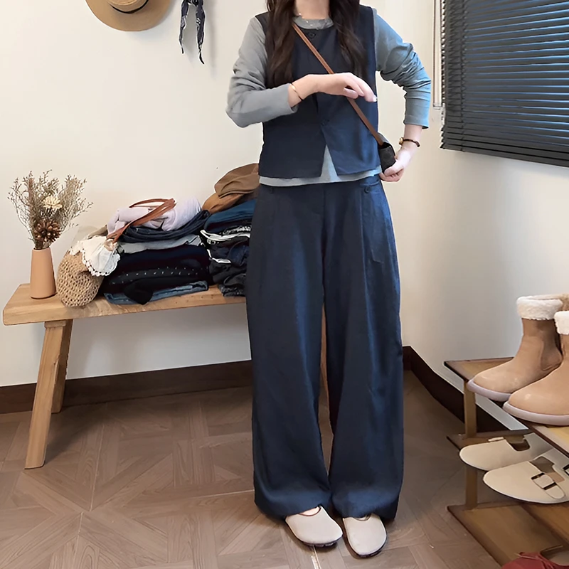 时尚休闲套装女2025春秋新款气质显瘦假两件撞色上衣阔腿裤两件套