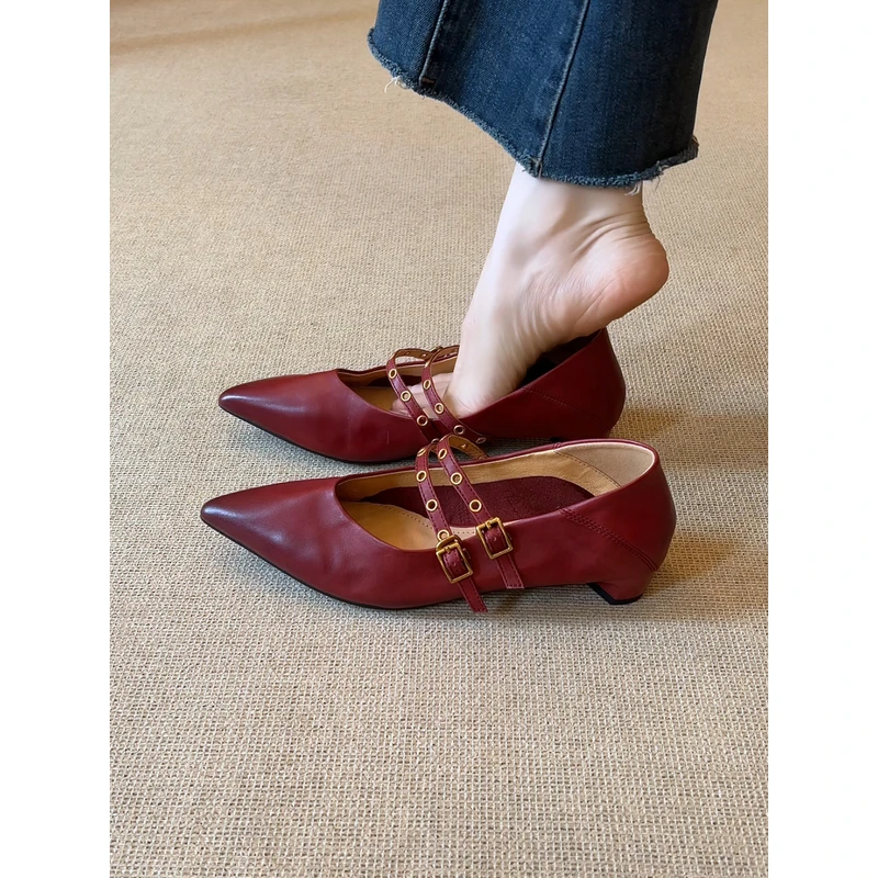 nnmiss·34-39/2.5cm法式复古尖头擦色浅口铆钉双扣带低跟玛丽珍鞋