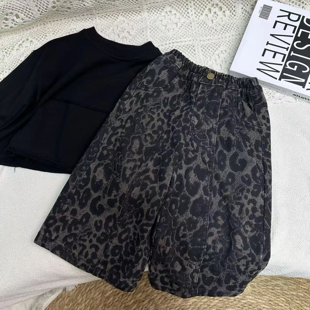 儿童长裤2025秋季新品韩版男女童简约美式豹纹牛仔裤直筒裤mt
