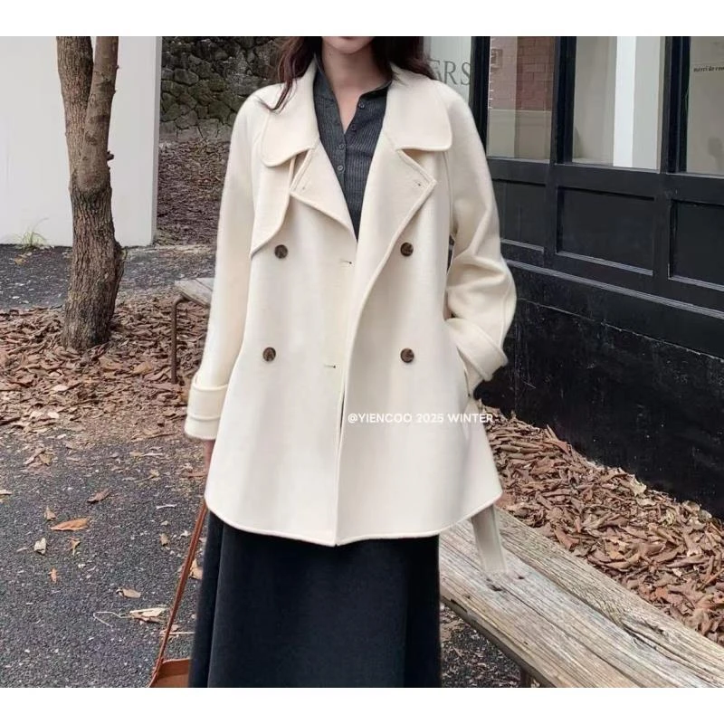 9875号2559#秋冬韩系翻领双口袋插肩袖设计大衣外套（配腰带）（预）