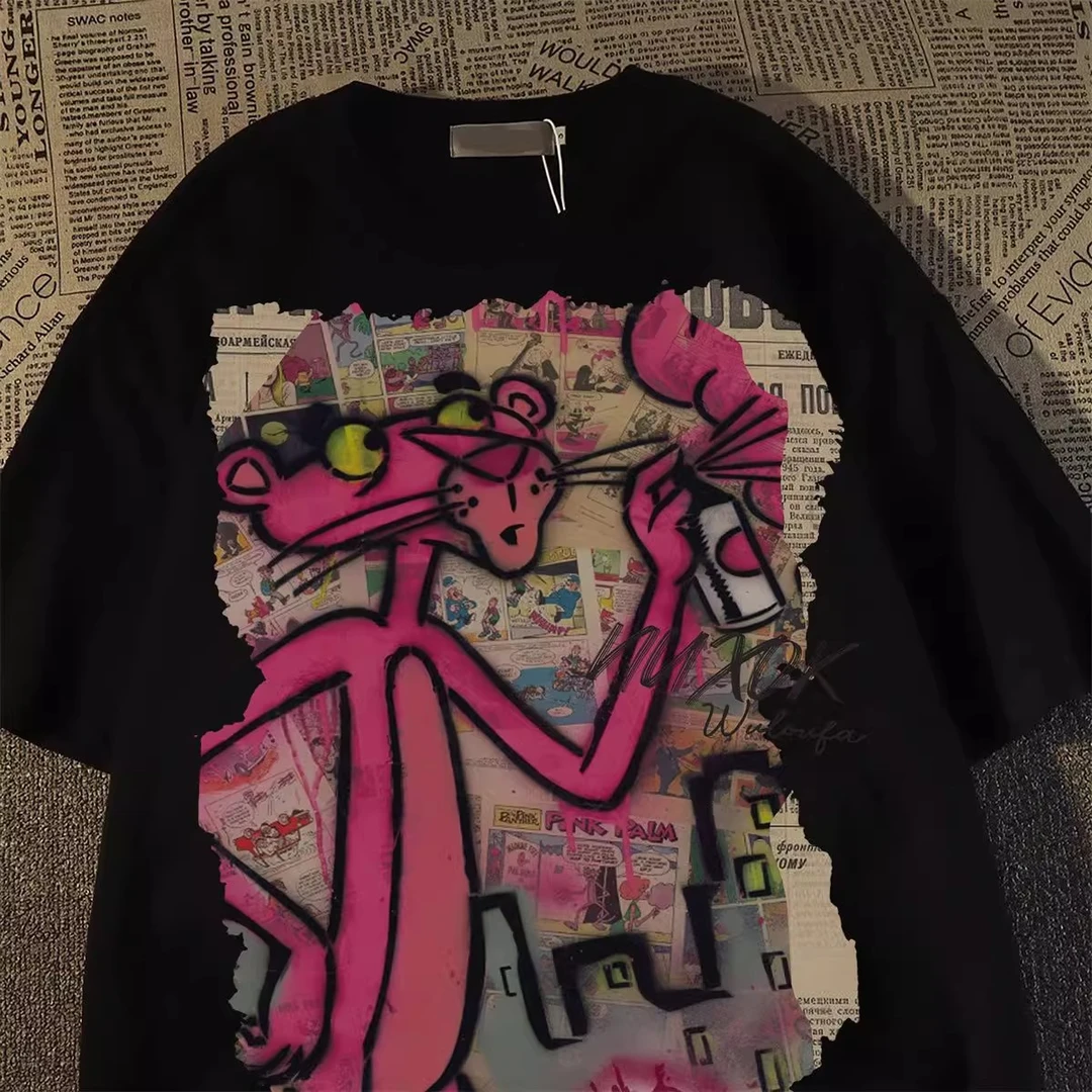 纯棉美式vintage粉红豹印花圆领短袖t恤男女夏季高街宽松休闲上衣