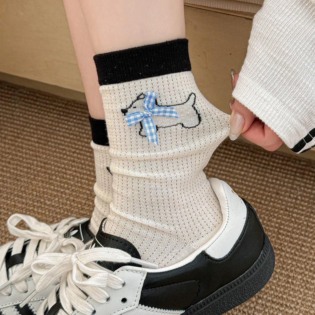 可爱小狗袜子女夏季薄款纯棉中筒袜白色卡通网眼透气吸汗长袜夏天