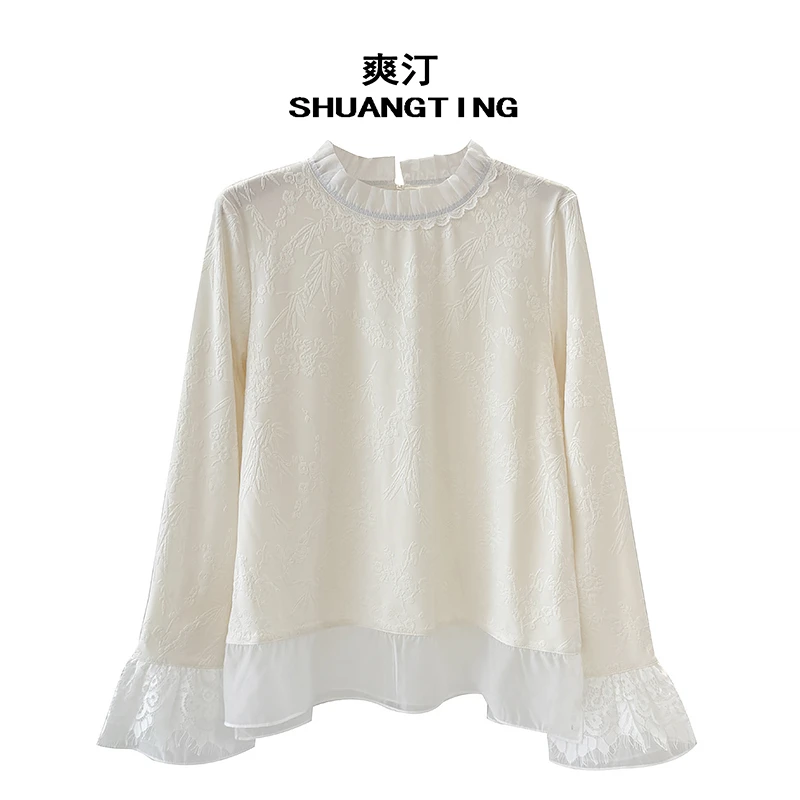 Jokara/丘可儿【清沐】中式提花木耳领衬衫蕾丝拼接弹力打底上衣秋
