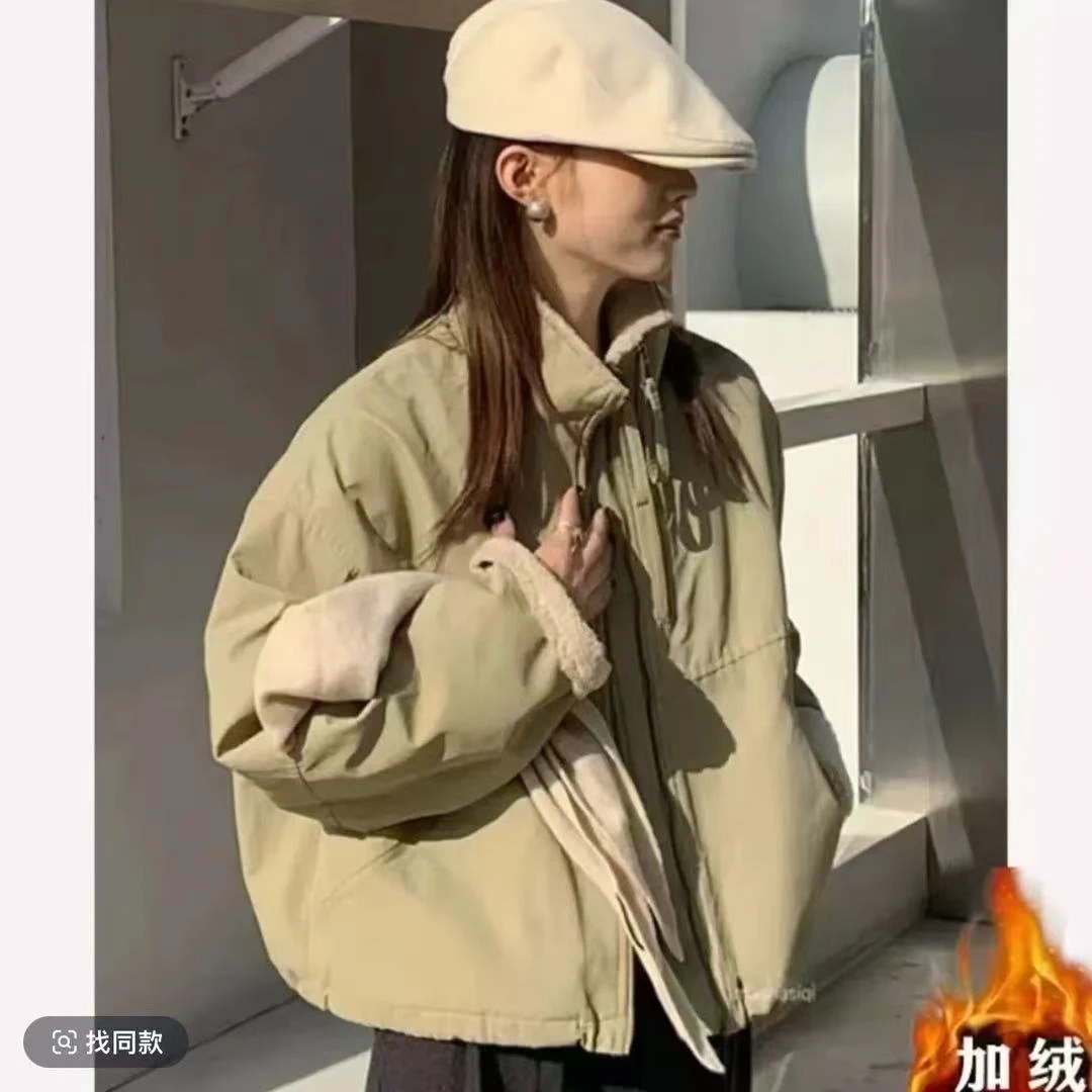 短款2025仿羊羔毛双链接派克服女小个子韩版休闲宽松棉服外套