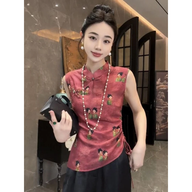 2025夏季新款国潮风时尚小衫女设计感新中式斜襟盘扣印花百搭上衣