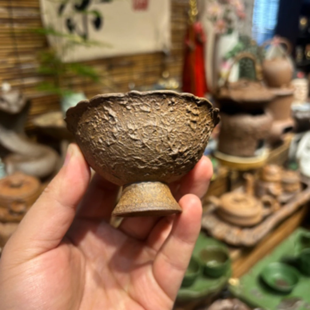 老岩泥石头纹高足主人杯宽口肌理纹理可养出彩手工茶杯品茗杯茶具