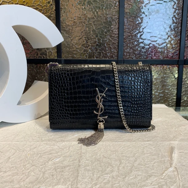 95新 YSL/圣罗兰 YSL黑银流苏kate单肩斜挎包 25030104-05