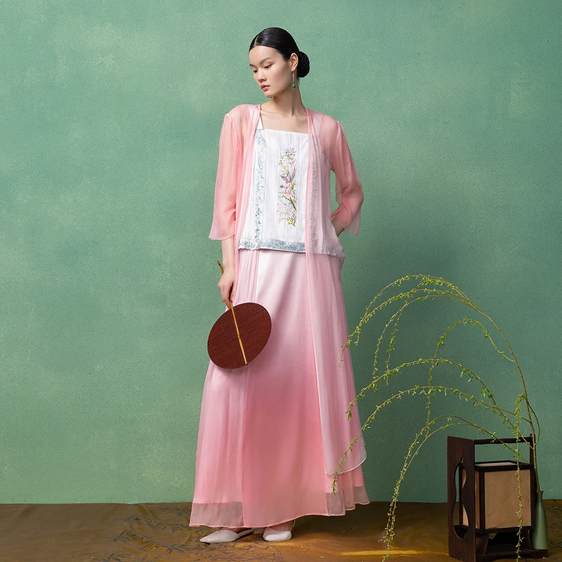 生活在左桑蚕丝中长款真丝开衫渐变2025春夏新品七分袖薄外套女