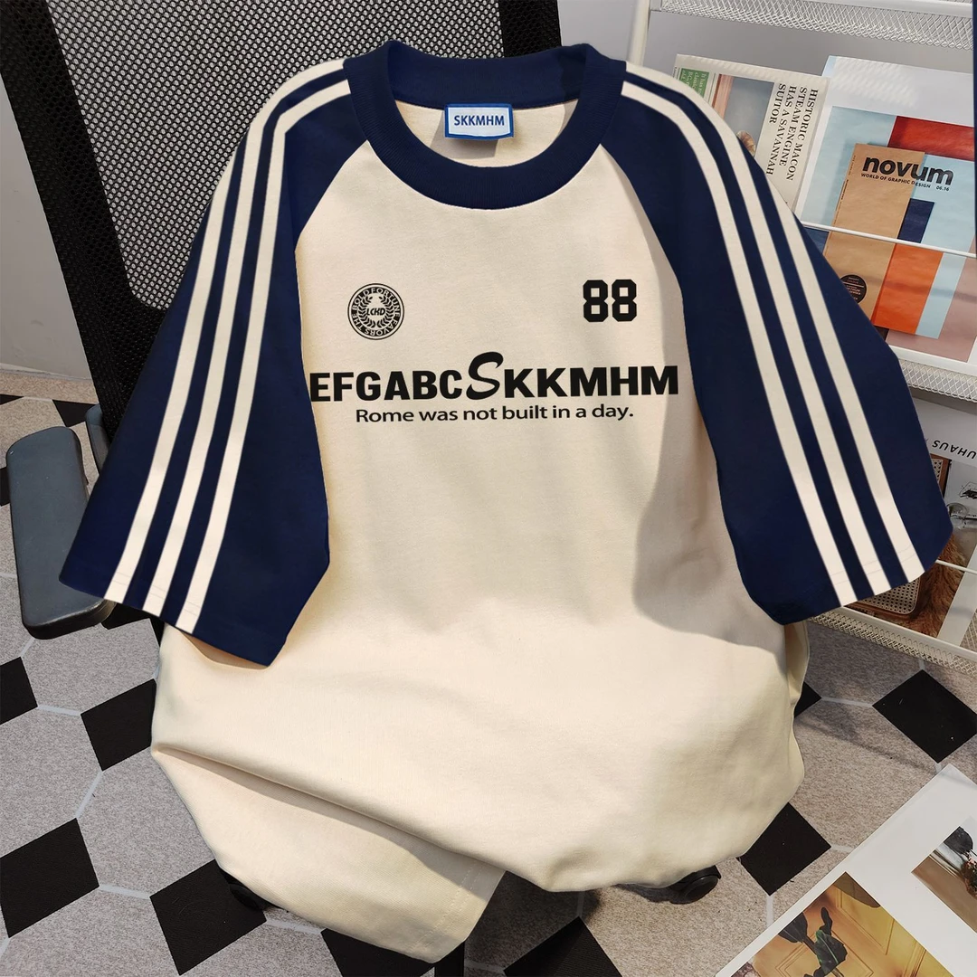 100%纯棉2026新款字母三条杠短袖t恤女夏季休闲宽松情侣上衣ins潮