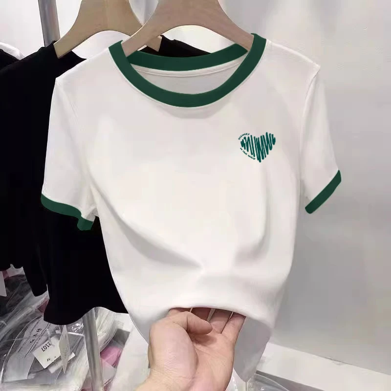 潮款短袖拼色正肩t恤欧若风圆领T恤女时尚百搭显瘦减龄上衣打底衫