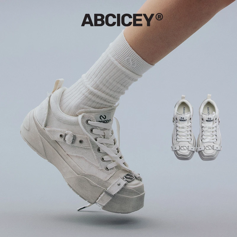 ABCICEY【陈数同款】引力帆布鞋白色绑带鞋低帮厚底鞋增高秋季新品