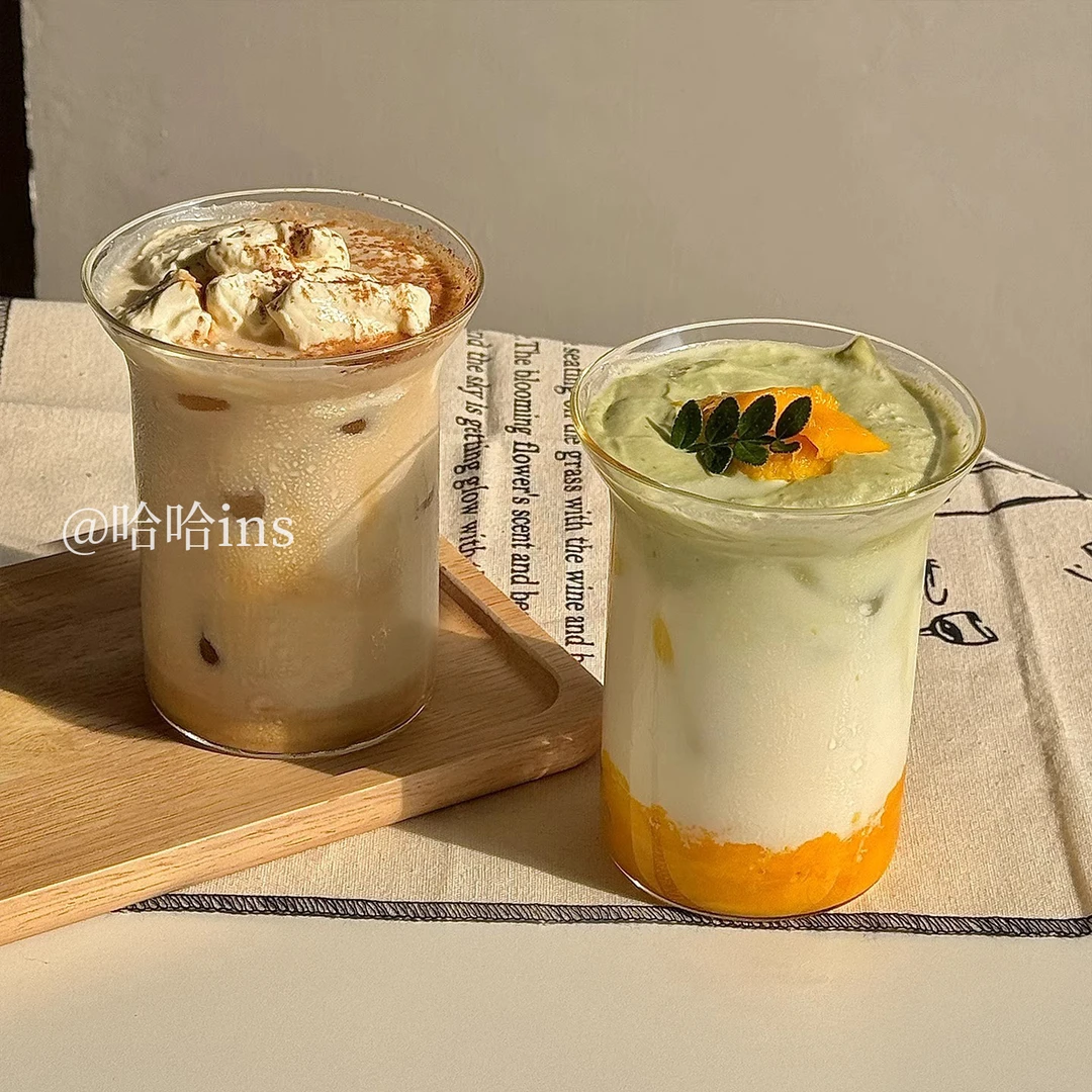 ins网红阔口美式咖啡杯轻薄玻璃手冲挂耳拿铁杯茶杯冷饮喝水杯