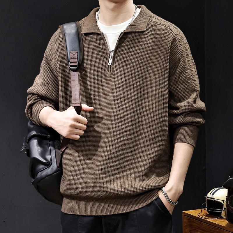 MR.MUDI/穆迪先生半拉链翻领针织衫男士宽松休闲毛衣棕色秋冬新款