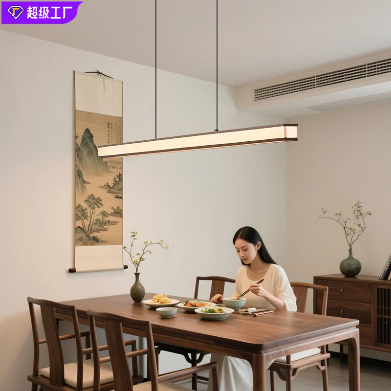 高端宋氏禅意中式吊灯餐厅一字长条胡桃木吧台灯布艺温馨氛围照明