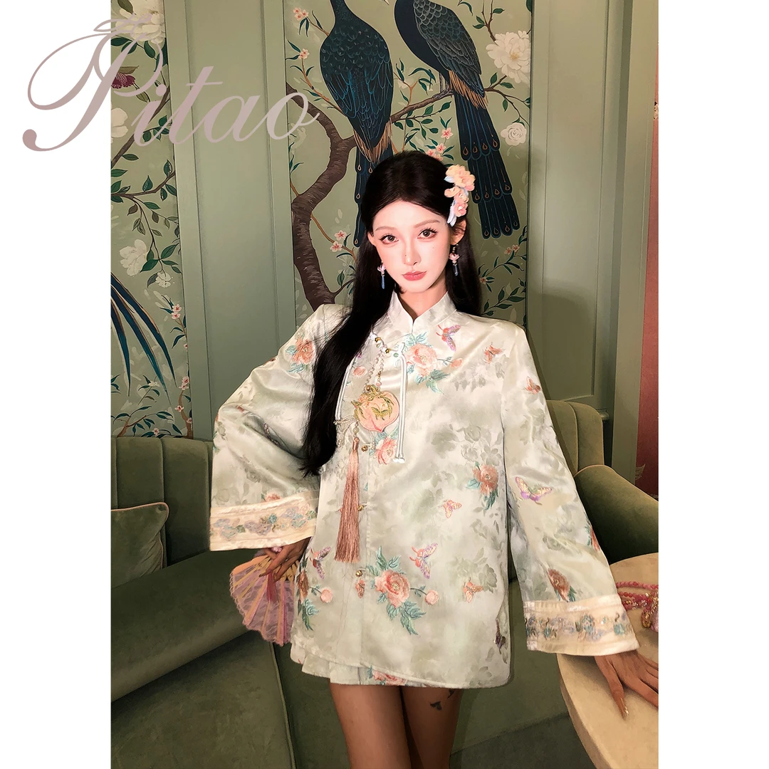 杜屁屁桃PITAO 原创【锦绣芳华】气质长袖新中式百搭气质上衣半裙