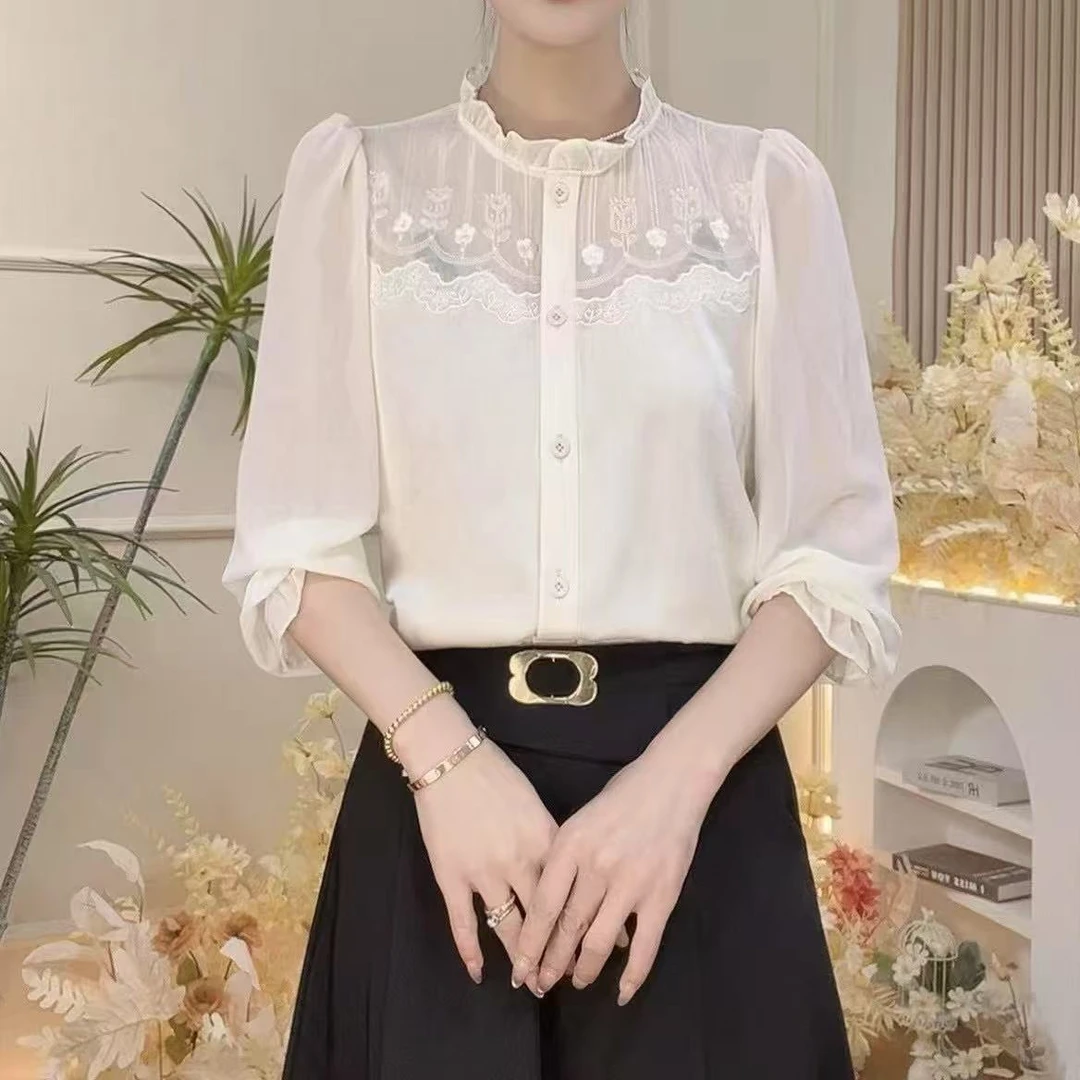 木耳领重工刺绣网纱拼接设计感缎面洋气减龄显瘦七分袖女衬衫2139