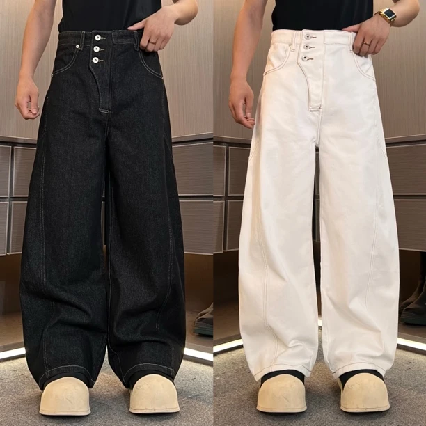 裤子NB183高品质纽扣设计明线弯刀白色宽松牛仔裤