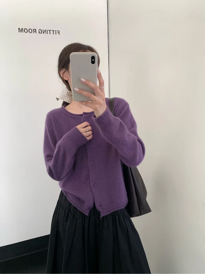 / 382/【100%羊毛】文艺圆领开衫长袖针织衫女款百搭外套毛衣上衣