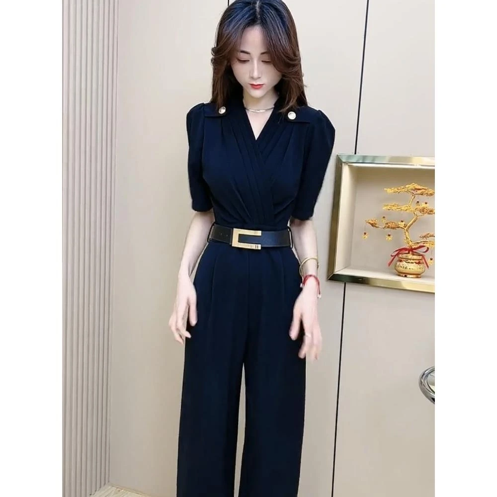 网红爆款时尚连体衣裤女2025夏季新款高级黑V领泡泡袖连体裤