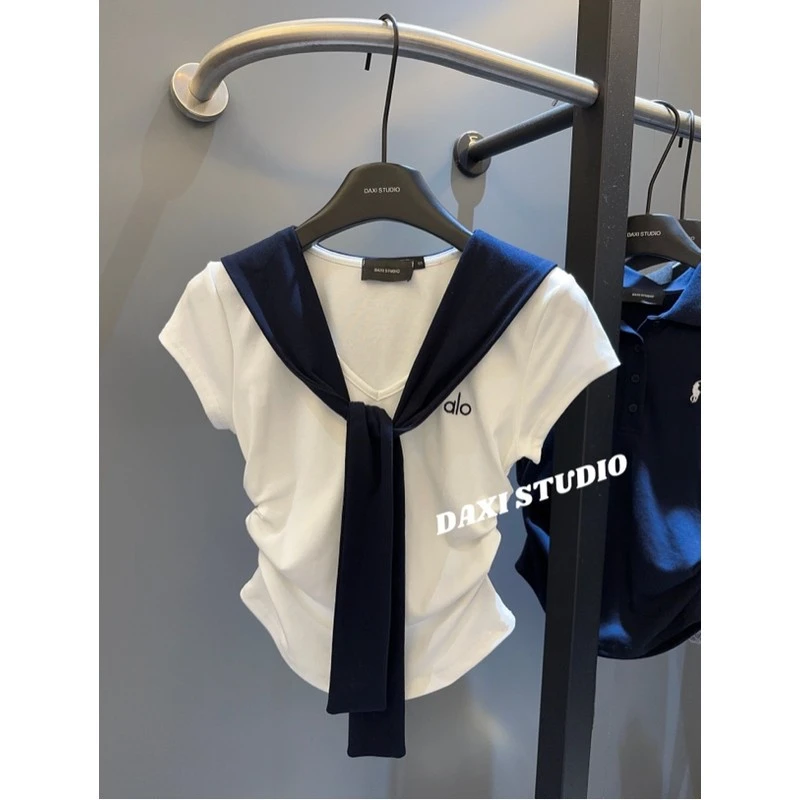 【撞色V领海军领假两件短袖T恤】字母刺绣夏季收腰修身百搭显瘦上衣