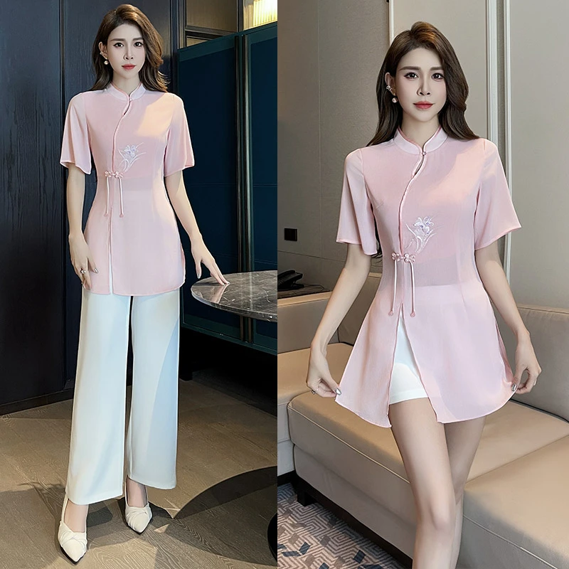 新款中式采耳工作服遮肚子改良旗袍套装足浴店足疗柔式技师服女夏