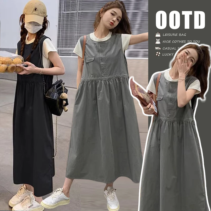 66家~孕妇装时尚小个子夏装新款学院风抽绳休闲孕妇连衣裙+打底衫