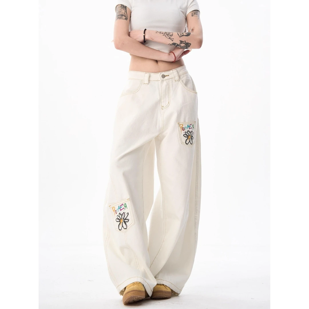 美式复古花卉刺绣阔腿弯刀牛仔裤女vintage显瘦情侣休闲裤2025年