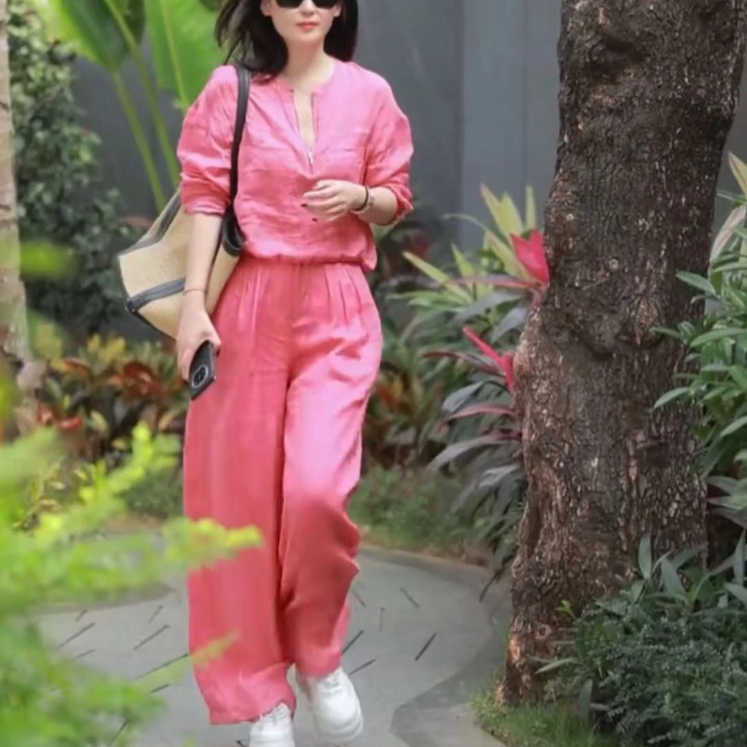 2025夏季斜纹薄款阔腿裤女透气休闲宽松高腰长裤显瘦气质洋气时尚