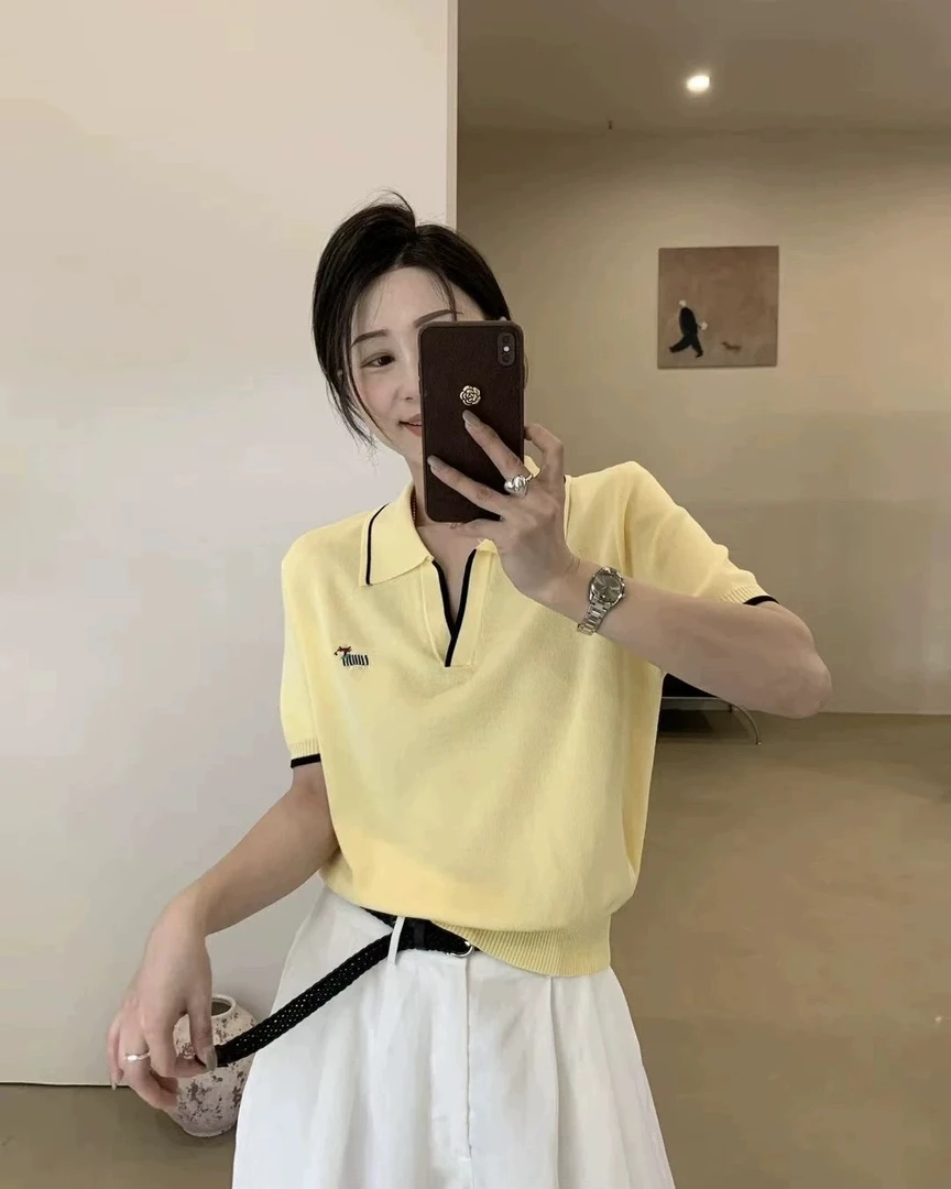 夏季简约针织衫休闲polo领薄款撞色短袖通勤简约上衣女显瘦百搭