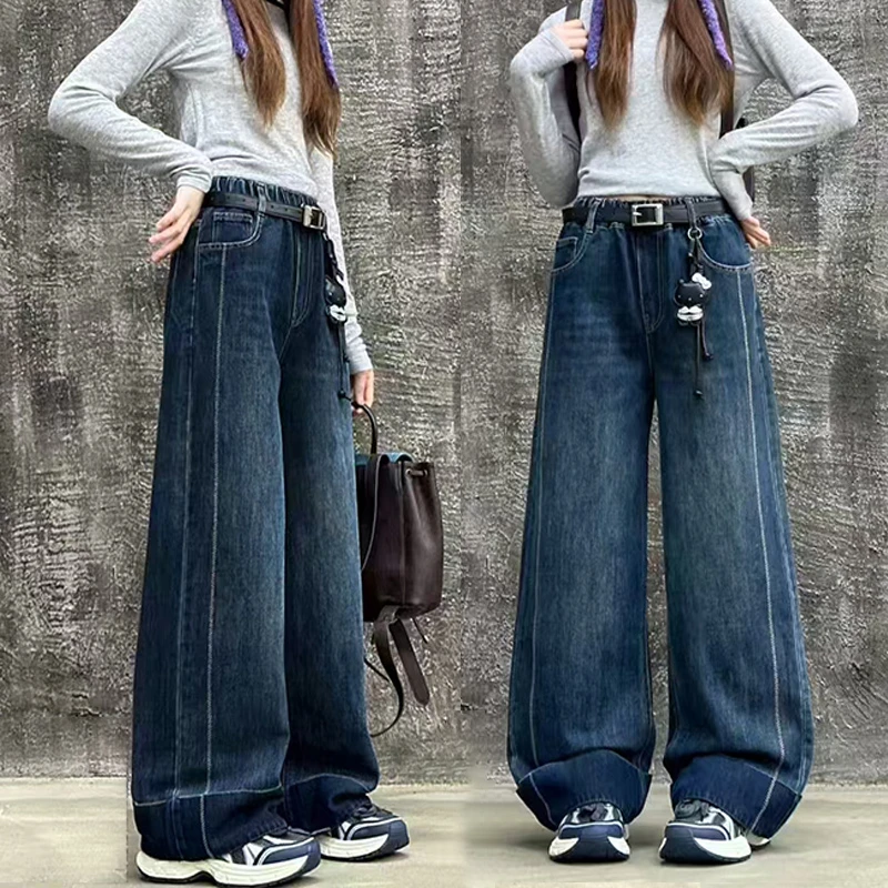 秋季新款裤子2025时尚百搭牛仔裤女童中大童宽松洋气复古风阔腿裤