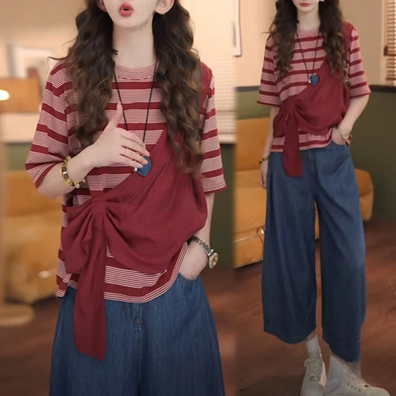 时尚百搭套装女2025夏季新款洋气减龄显瘦圆领条纹短袖裤子两件套