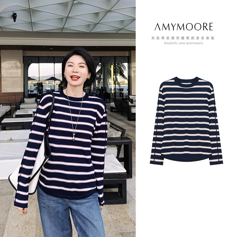 AMYMOORE艾莫尔女装秋季女装毛衣条纹羊毛针织衫圆领长袖780155