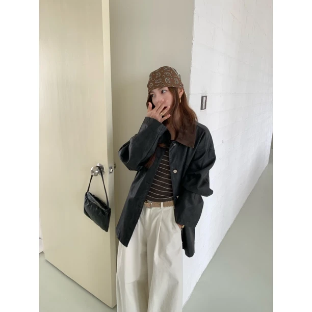 爱唯依 （F）-拼色领！韩系气质宽松休闲中长外套(CYK760#) CY