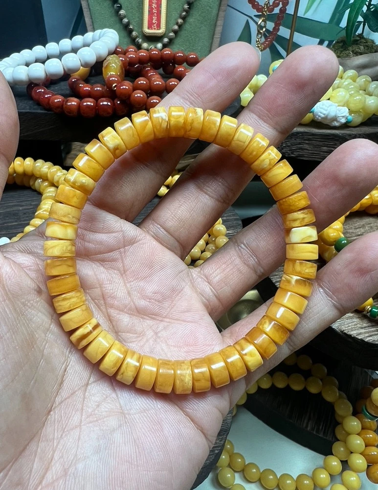 天然蜜蜡手串老花蜡8mm+直切药片