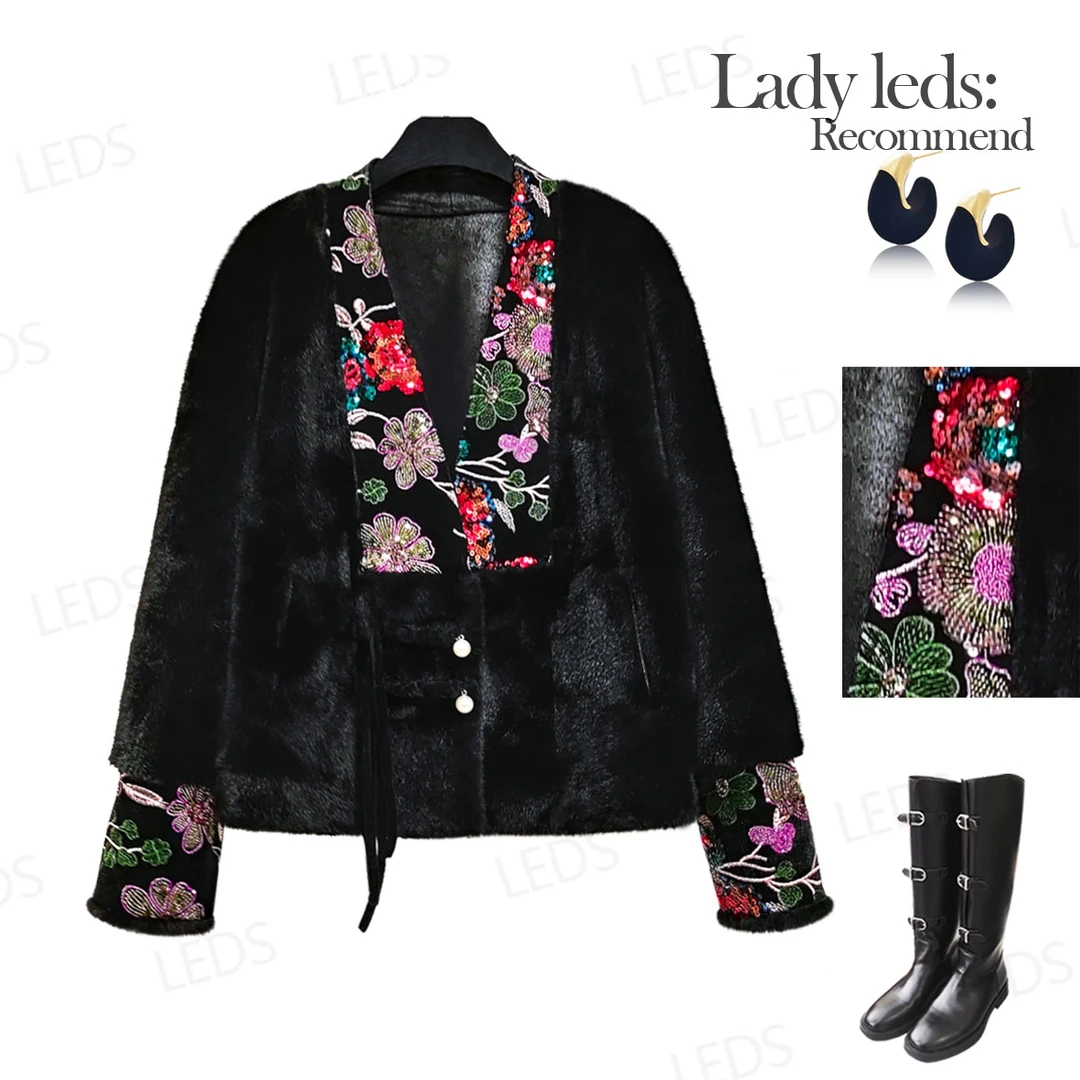 LEDS 2811冬季新款国风新中式亮片花花黑色毛毛短外套