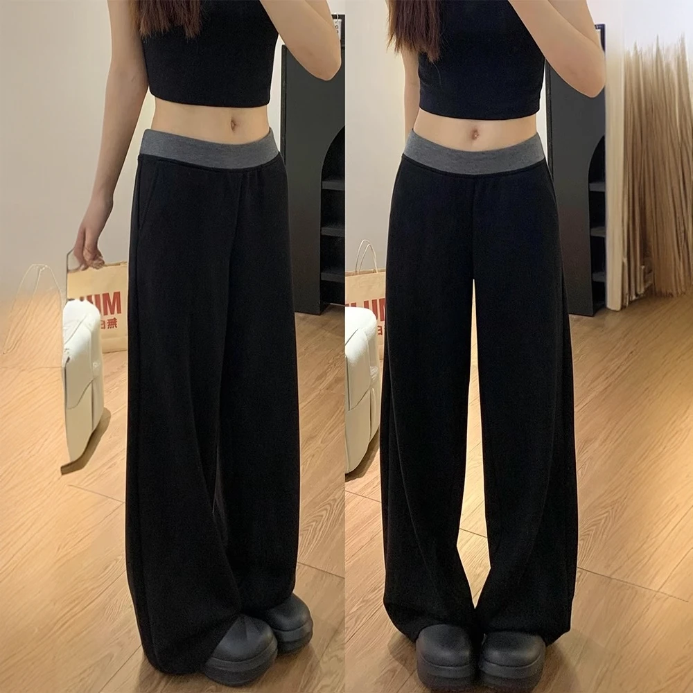 黑色拼接休闲运动裤女春夏秋季胖妹妹mm高腰宽松显瘦阔腿拖地裤子