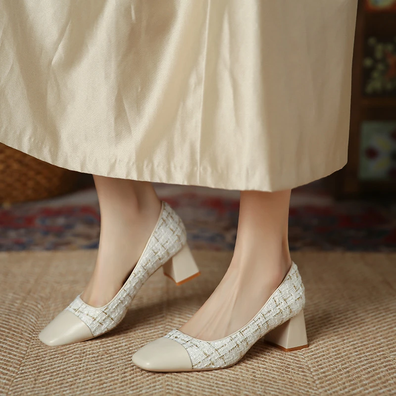 时髦凉鞋粗跟爆款方头厚跟优雅女新款格纹拼色浅口便鞋休闲格调