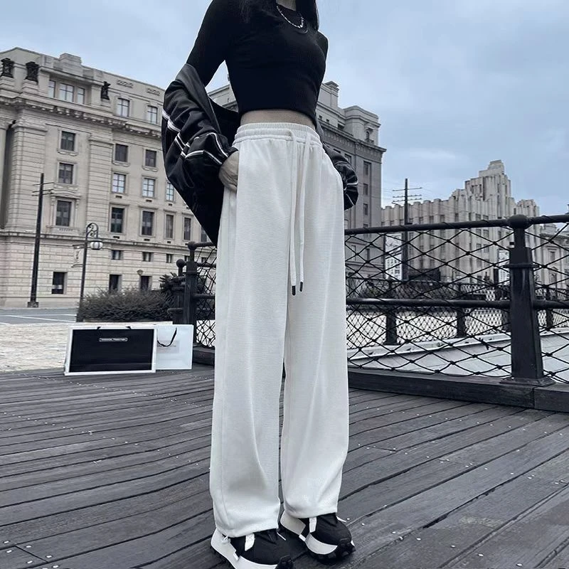 阔腿裤女加绒加厚秋荔枝纹拖地裤垂感直筒宽松高个子感加长运动裤