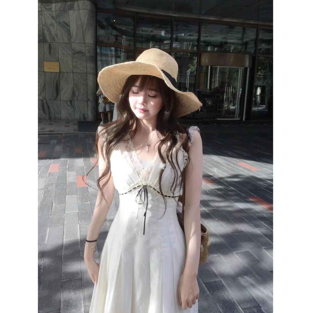 漫纱云岫 拼接蕾丝v领无袖连衣裙收腰显瘦长裙