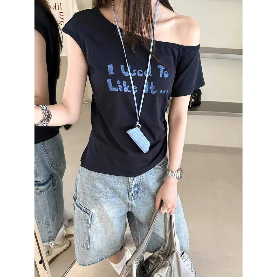 【仙仙推荐】喜大东韩系斜肩字母印花T恤W2137