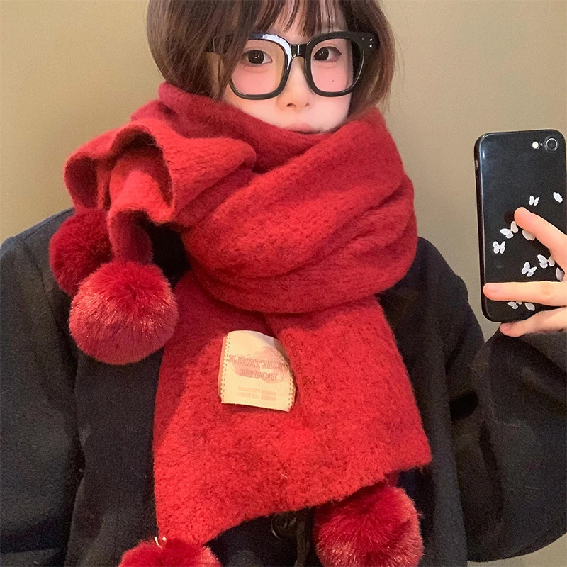 C3126纯色毛球秋冬百搭围巾