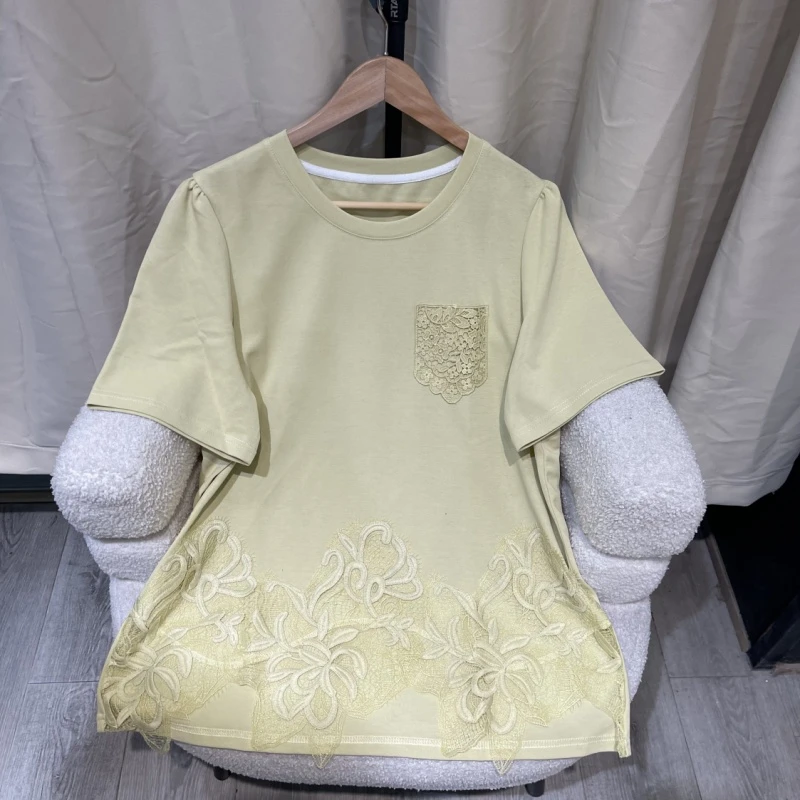 【苹果现货清清】PWD32807夏季韩版圆领蕾丝花边宽松大码