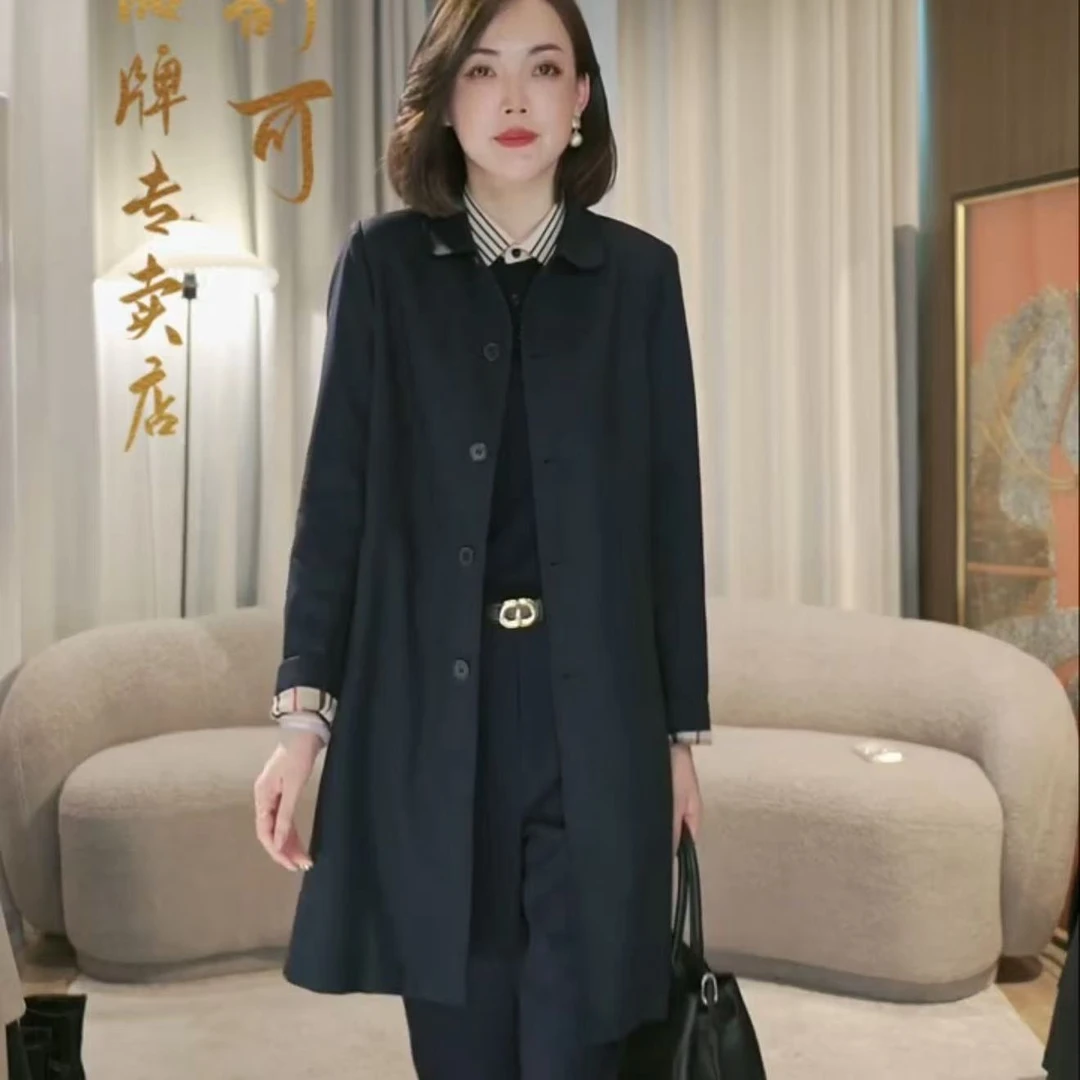 格子里布中长款小圆领风衣
