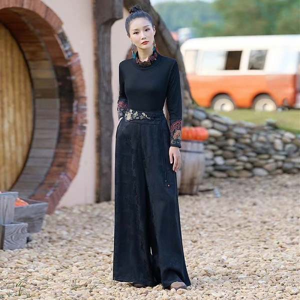 [WYZAKING]【日月如梭】新款刺绣阔腿百搭松紧腰黑色绣花大脚裤