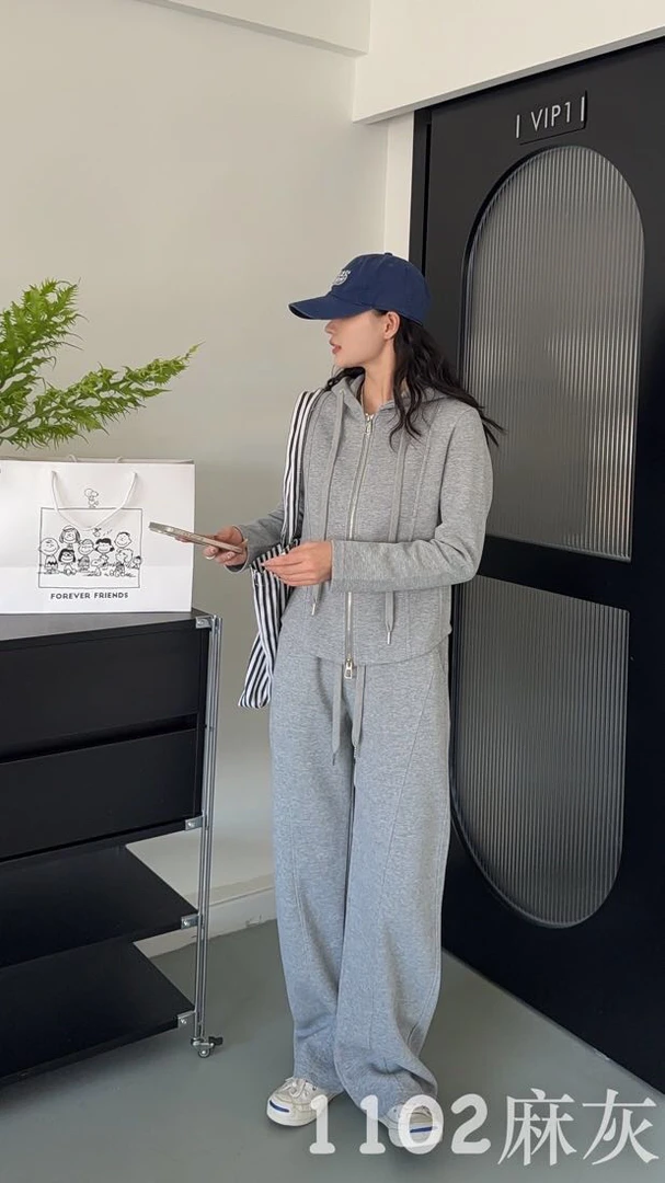 1102美式运动套装新款春夏秋中高腰直筒宽松休闲卫裤加长阔腿裤子